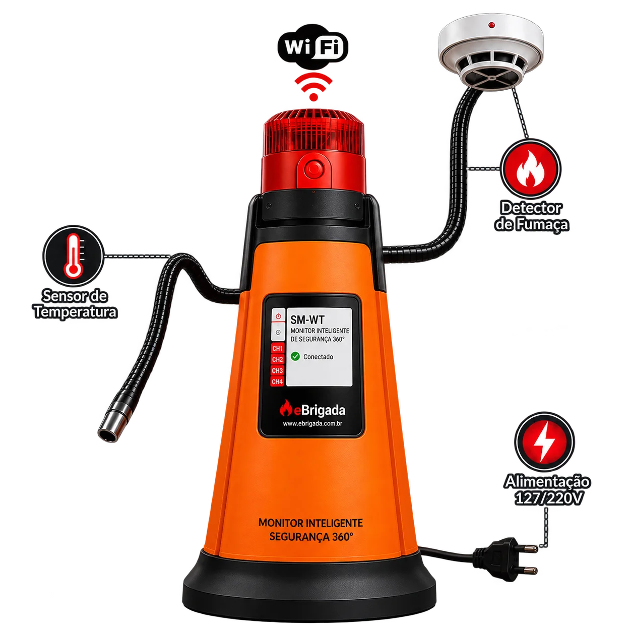 Bombeiro Monitor eBrigada: monitor portátil laranja com sirene, display de dados e detector de fumaça articulado